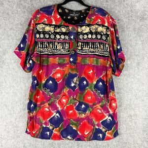 Vintage Carole Little Tunic Top Womans Large Floral Abstract Crinkle Artsy 80s